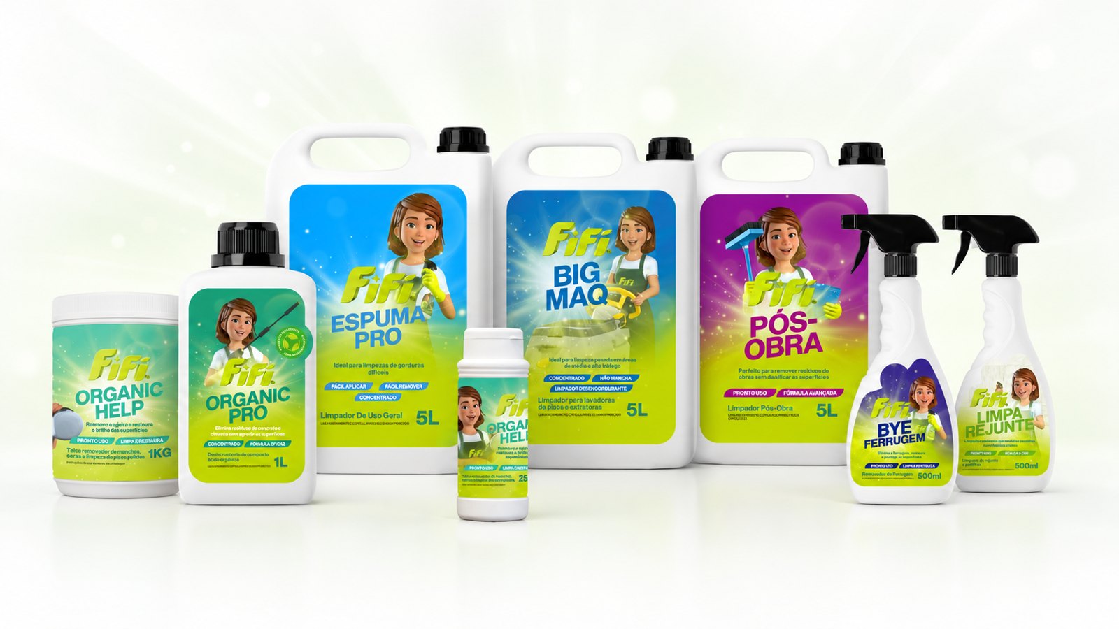 Linha Limpeza Pesada da Fifi Profissional: Organic Pro, Espuma Pro, Big Maq, Pós-Obra, Bye Ferrugem e Limpa Rejunte